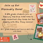 Students invited to Valentine's Day card-making event at New Albany elementary school K-8th grade students, join us for Discovery Zone on February 3, 2026 from 3:30-4:45