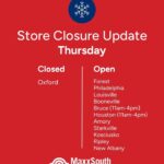 MaxxSouth stores closed today due to weather conditions Due to current conditions, the following MaxxSouth store locations are closed today