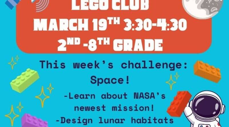 2nd-8th grade students, join us for LEGO club on March 19th from 3:30-4:30!