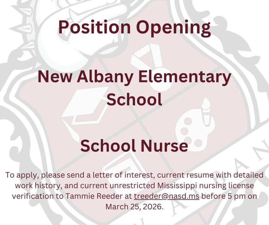 New Albany School District has a position opening for School Nurse-New Albany Elementary School