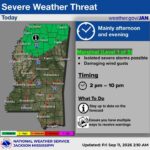 Mississippi faces marginal risk of severe weather this afternoon Parts of Mississippi are under a Marginal risk for severe weather today, primarily during the aftern