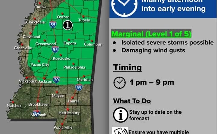 The National Weather Service has issued a marginal threat for severe weather in Mississippi for Mond