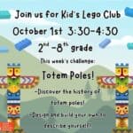 Free Lego Club for Students in Grades 2-8 Coming to New Albany 2nd -8th grade students, join us for FREE Lego Club on October 1st from 3:30-4:30!