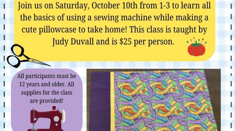 Join us on Saturday, October 10th from 1-3 to learn all the basics of using a sewing machine while m